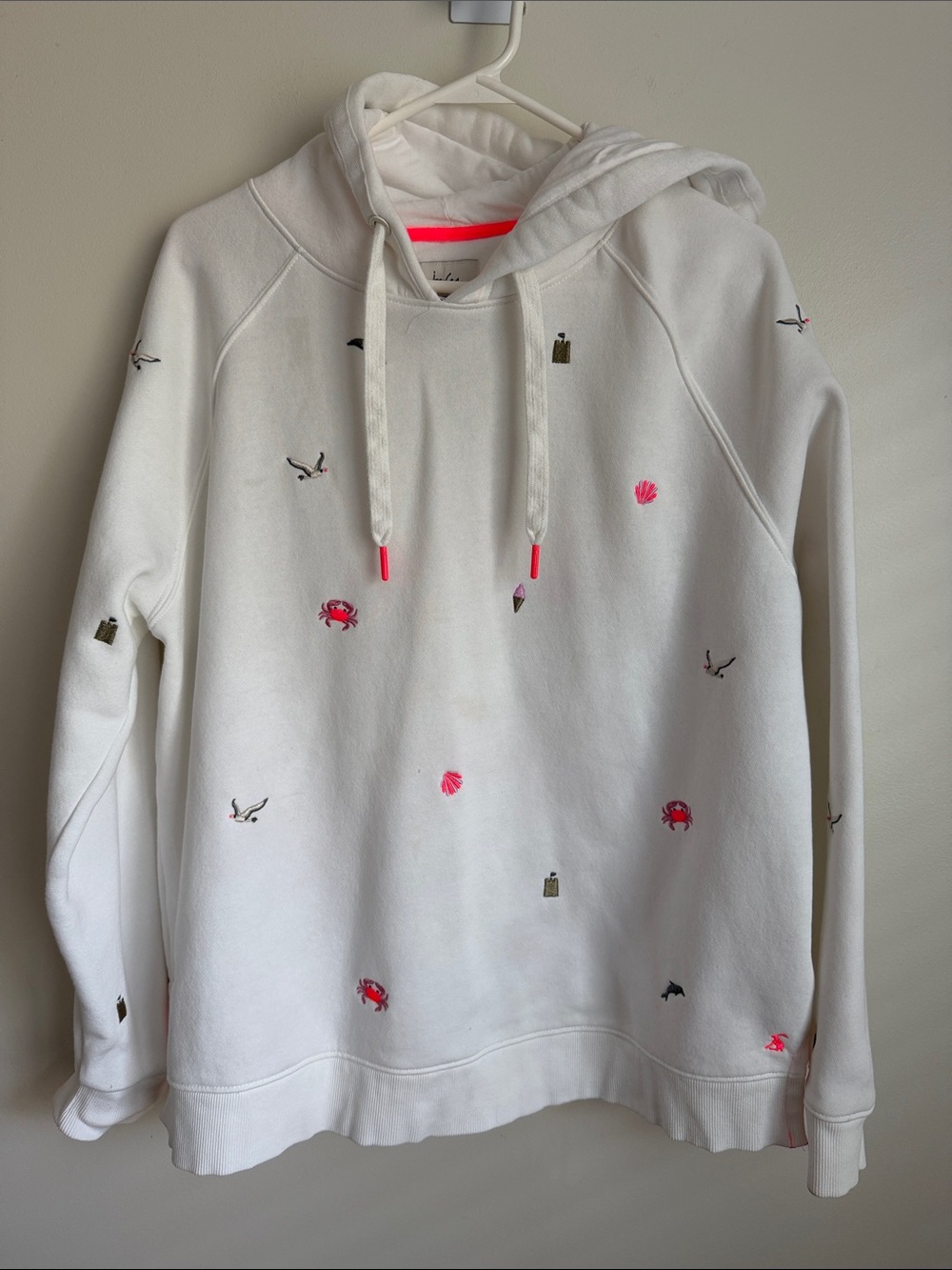 Joules White Beach Embroidered Hoodie with Pink